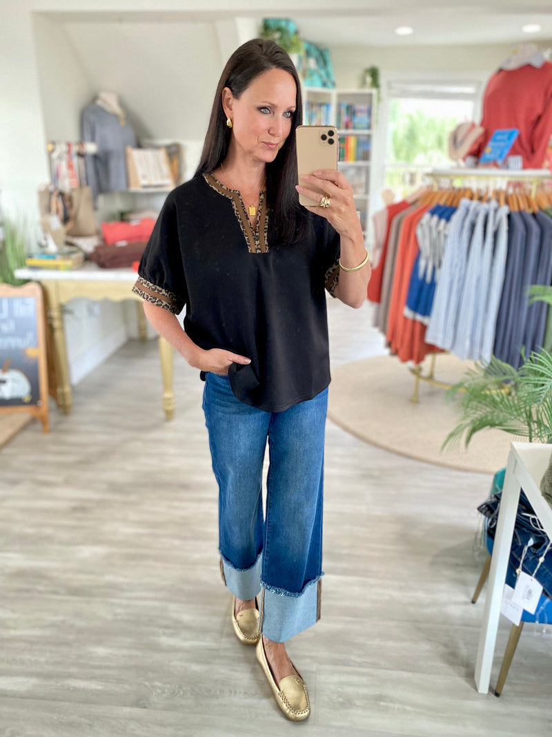 Animal Print Trim V Neck Knit Top