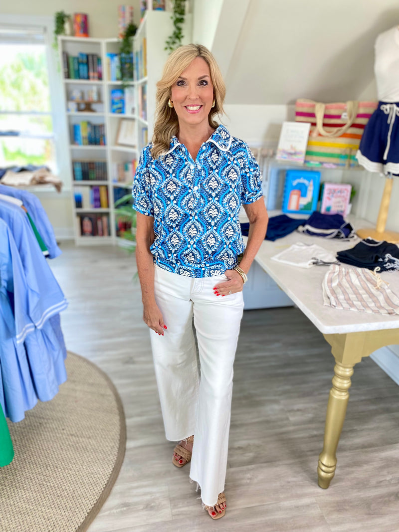 Print Retro Collared Button-Up Knit Top