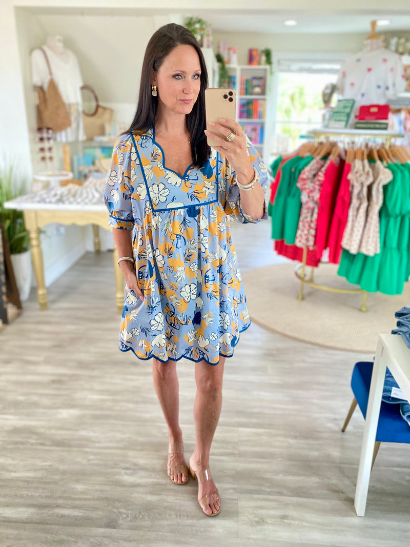 Scalloped Trim Floral Print Mini Dress