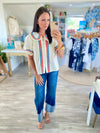 THML Striped Trim Puff Sleeve Button Top