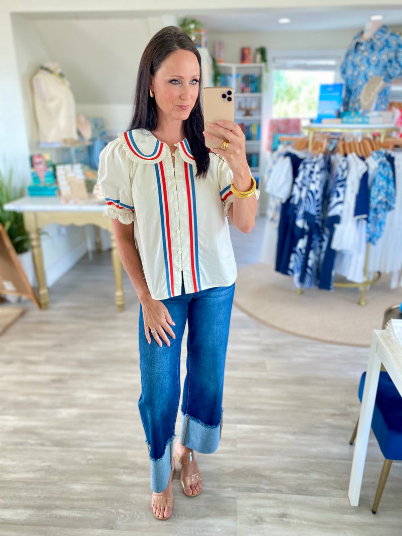 THML Striped Trim Puff Sleeve Button Top