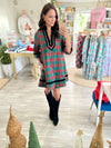 Plaid Velvet Trim V Neck Shift Dress