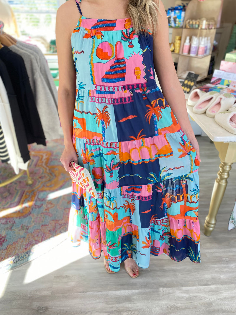 Printed Shoulder Tie Tiered Maxi Dress