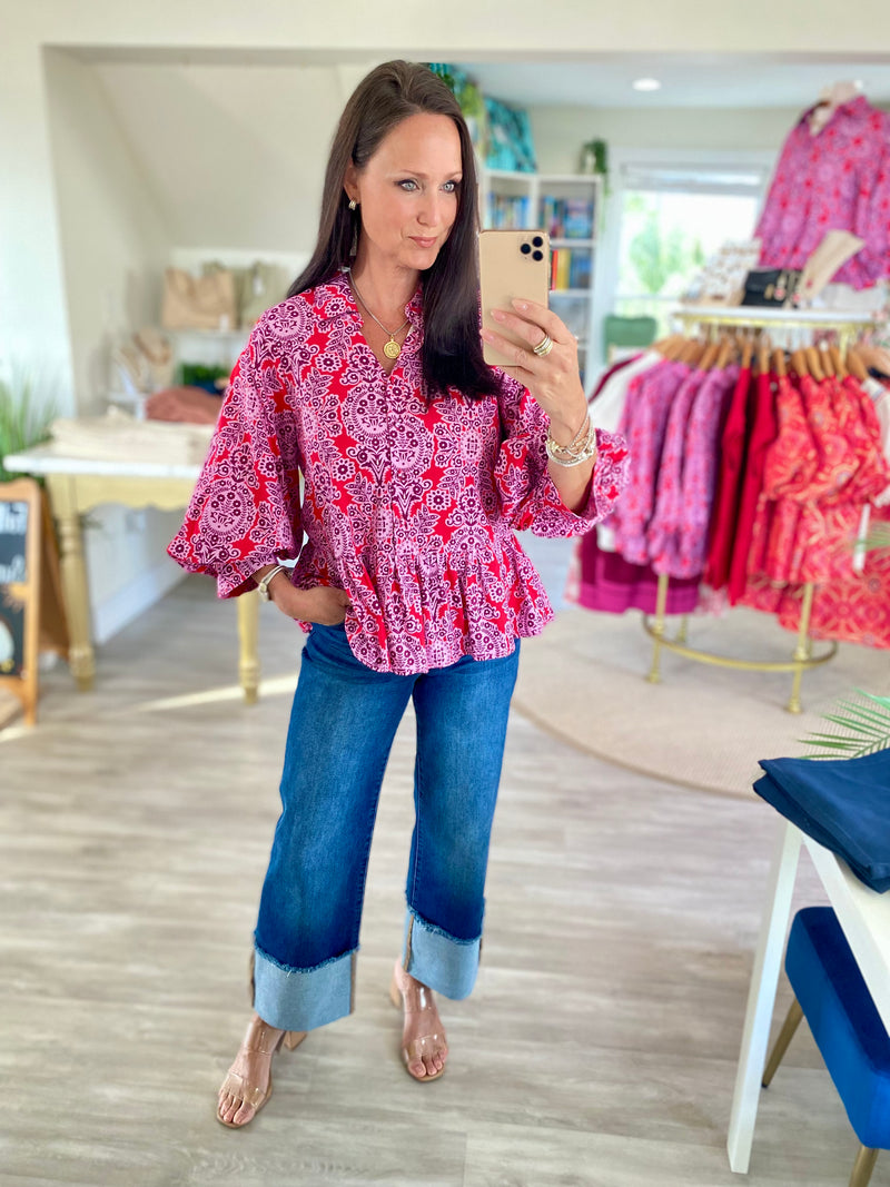Button Down Boho Floral Peplum Top