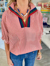 Contrast Stripe Seersucker Dolman Sleeve Top