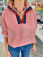 Contrast Stripe Seersucker Dolman Sleeve Top
