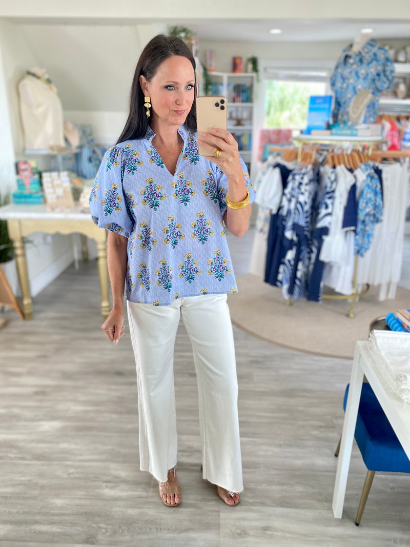 Floral Print Smocked Standup Collar Top