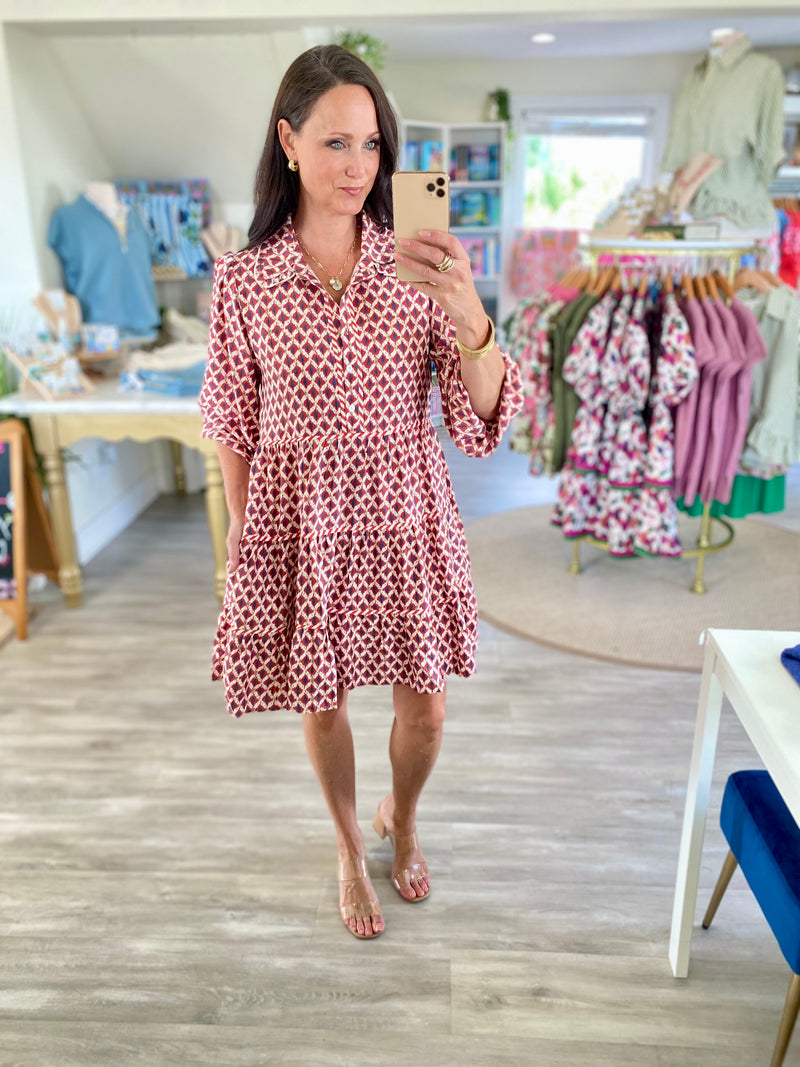 Geometric Print Collared Long Sleeve Mini Dress