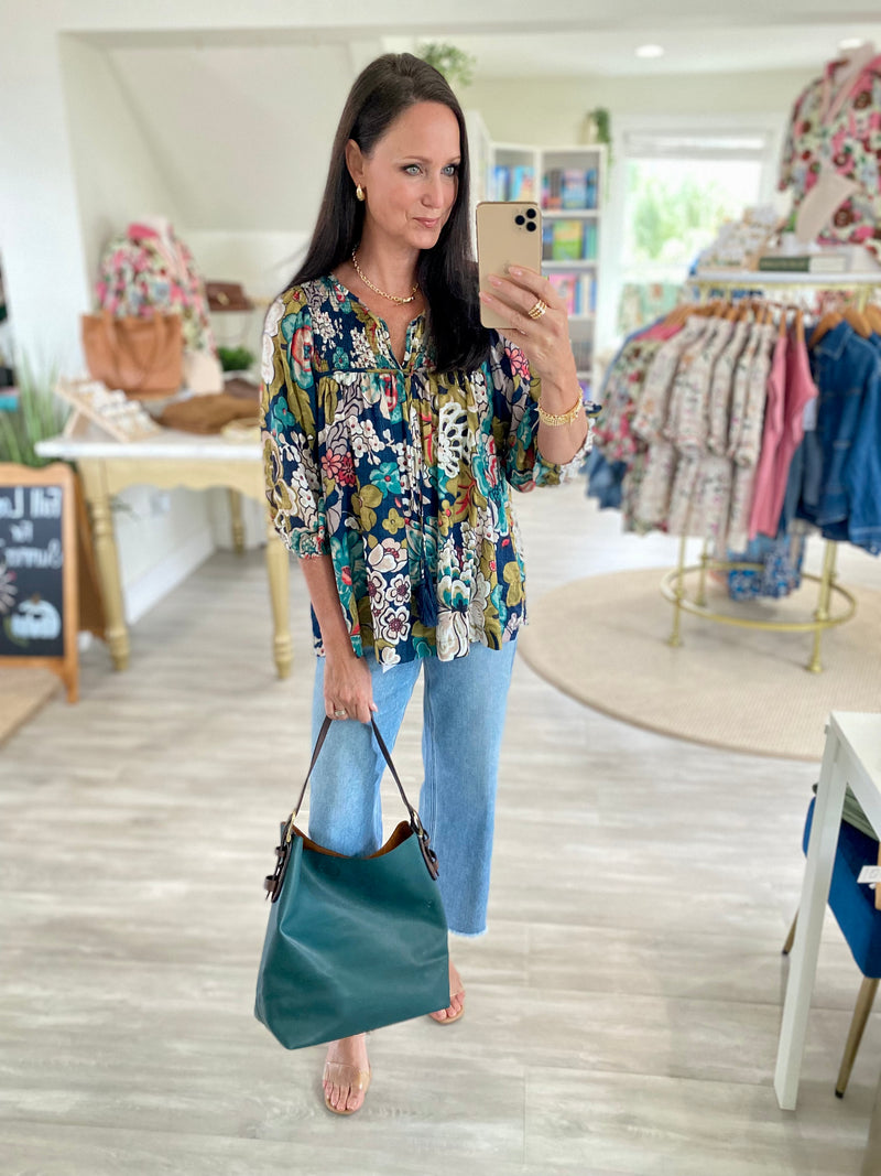 Floral Print Smocked Bust Front Tie Top
