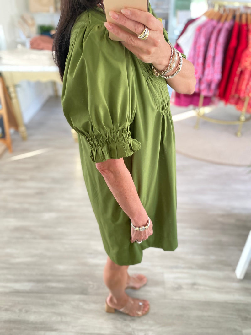 Short Smocked Sleeve Pintuck Mini Dress