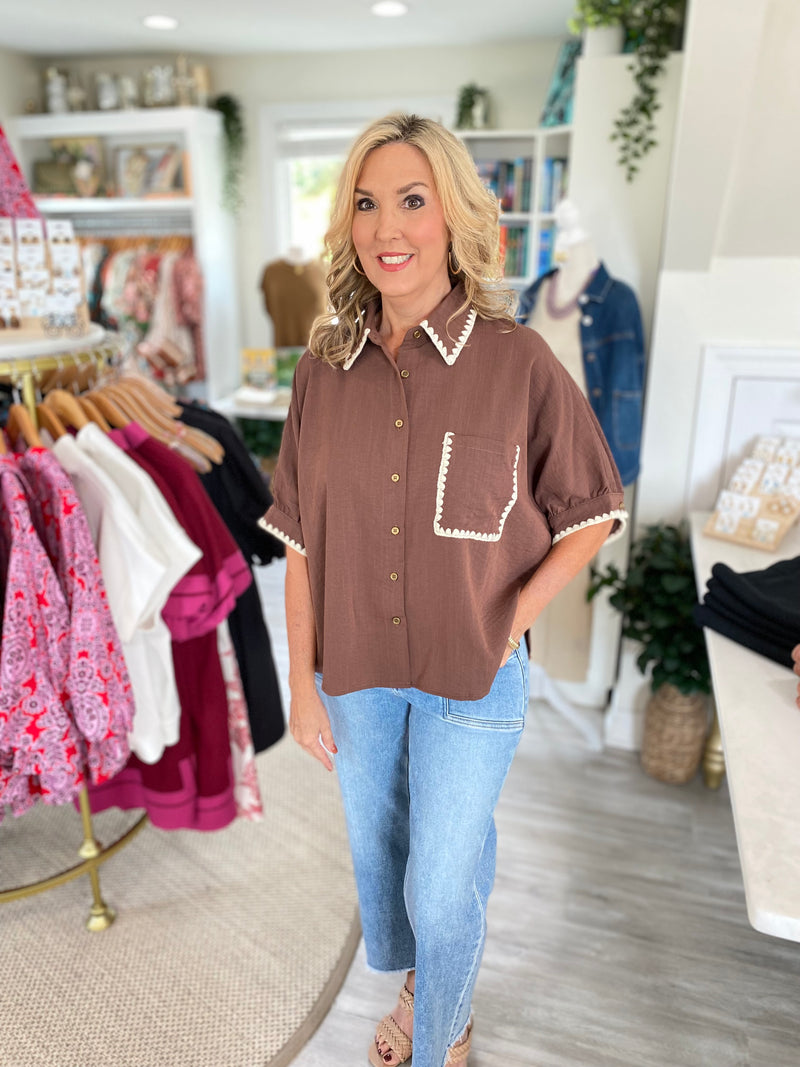 Scalloped Trim Dolman Sleeve Button Down Top
