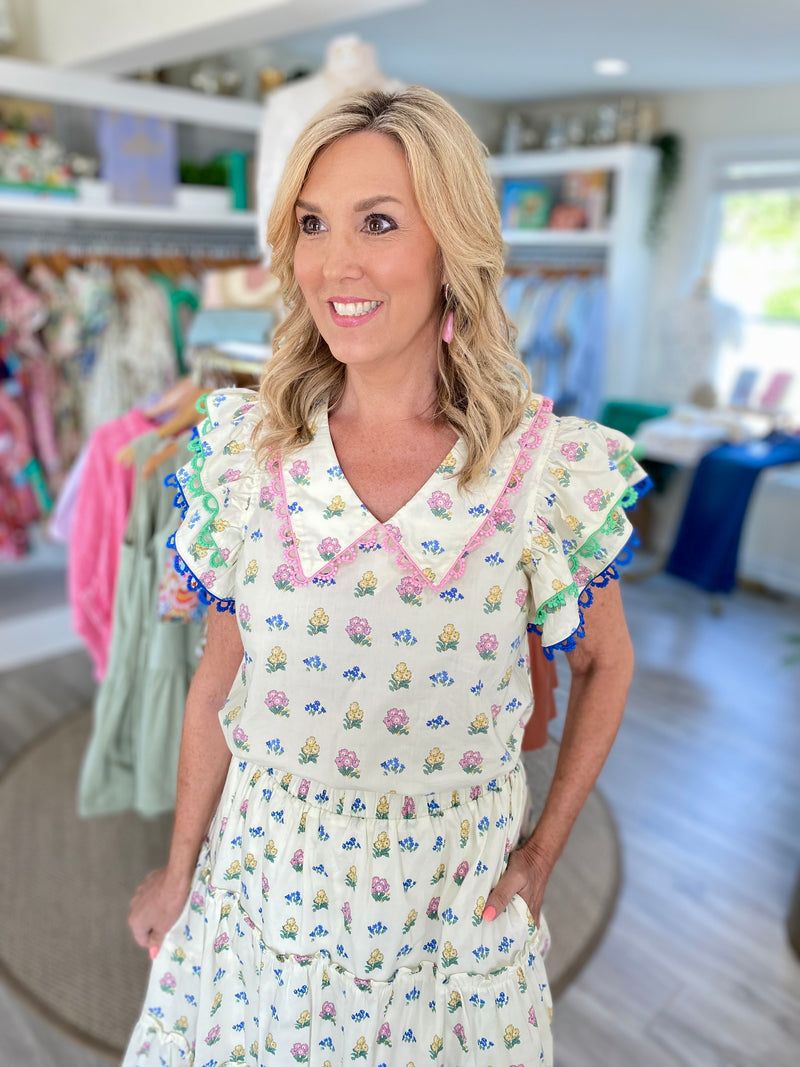 Stamp Floral Print Peter Pan Collar Top