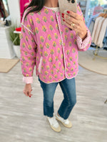 Floral Print Quilted Jacket With Stripe Trim