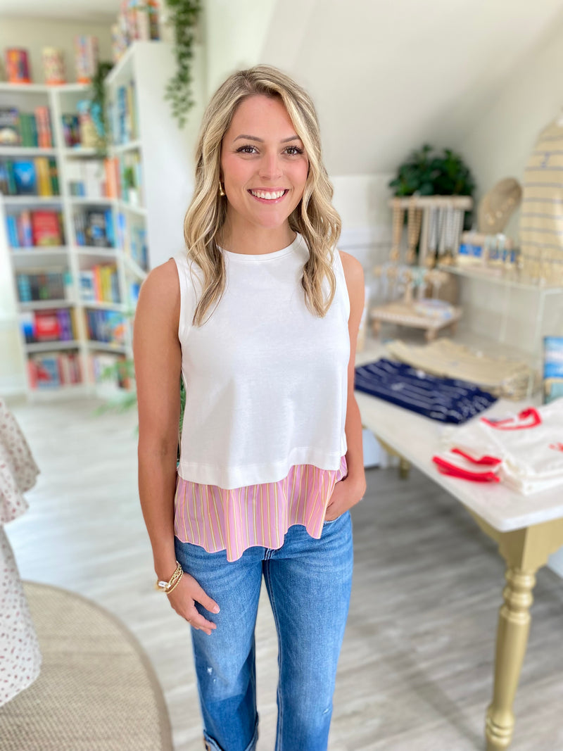 Mixed Material Sleeveless Ruffle Hem Top
