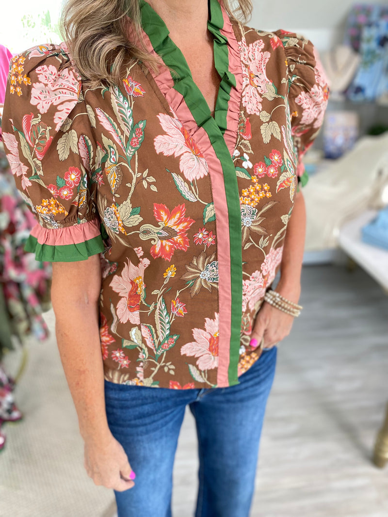 Floral Print Ruffle V Neck Top