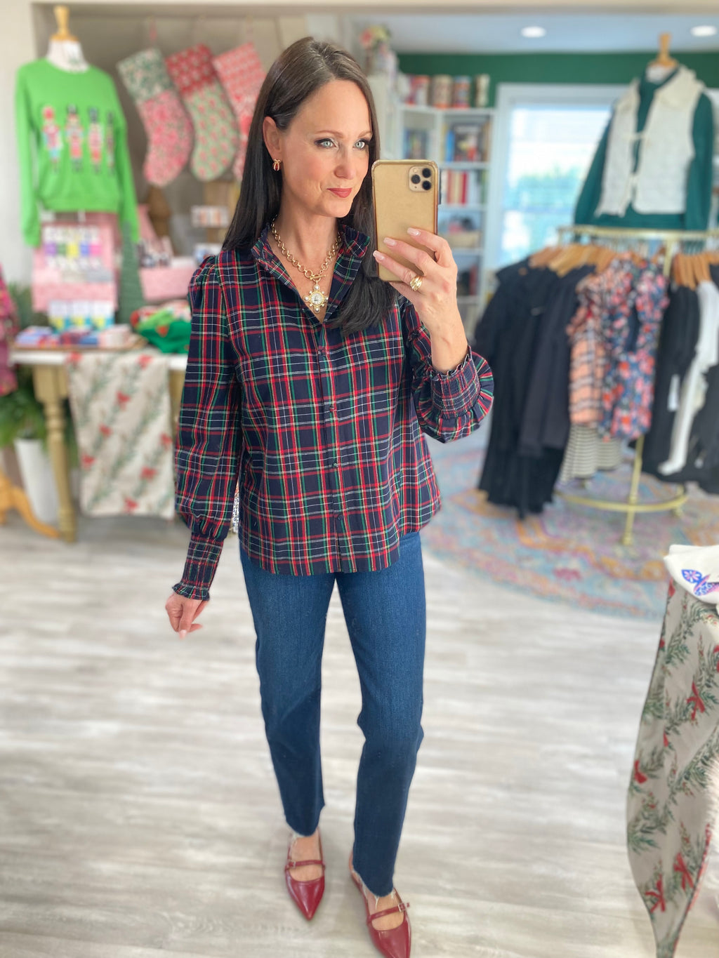 Plaid Split Neck Top