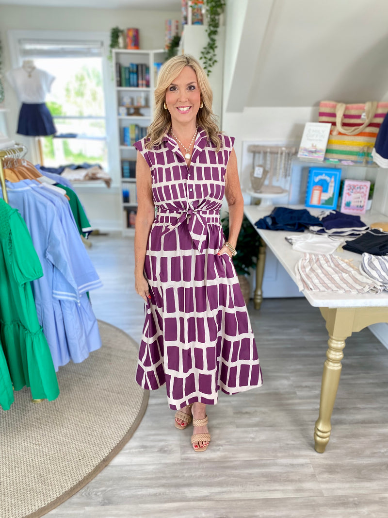 Two Tone Geometric Smocked Waist Sleeveless Midi Dress