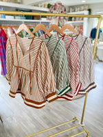 Banded Stripe 3/4 Sleeve Front Tie Top