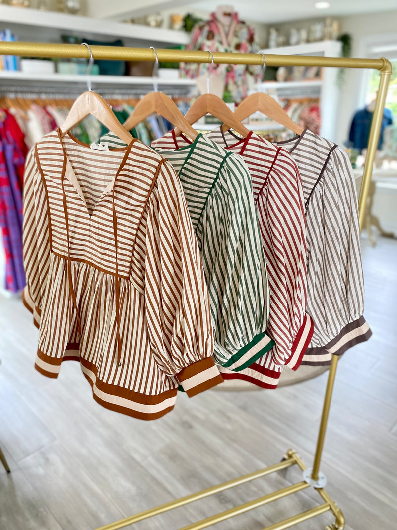 Banded Stripe 3/4 Sleeve Front Tie Top