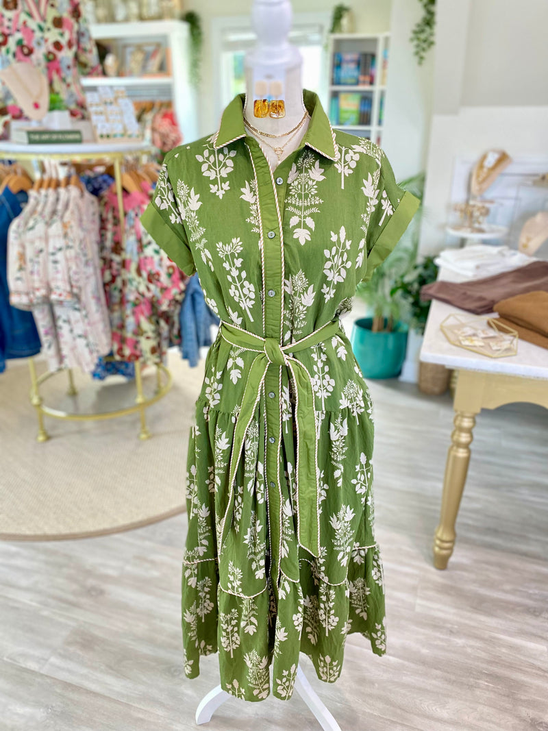 Botanical Floral Print Button Down Tie Waist Midi Dress