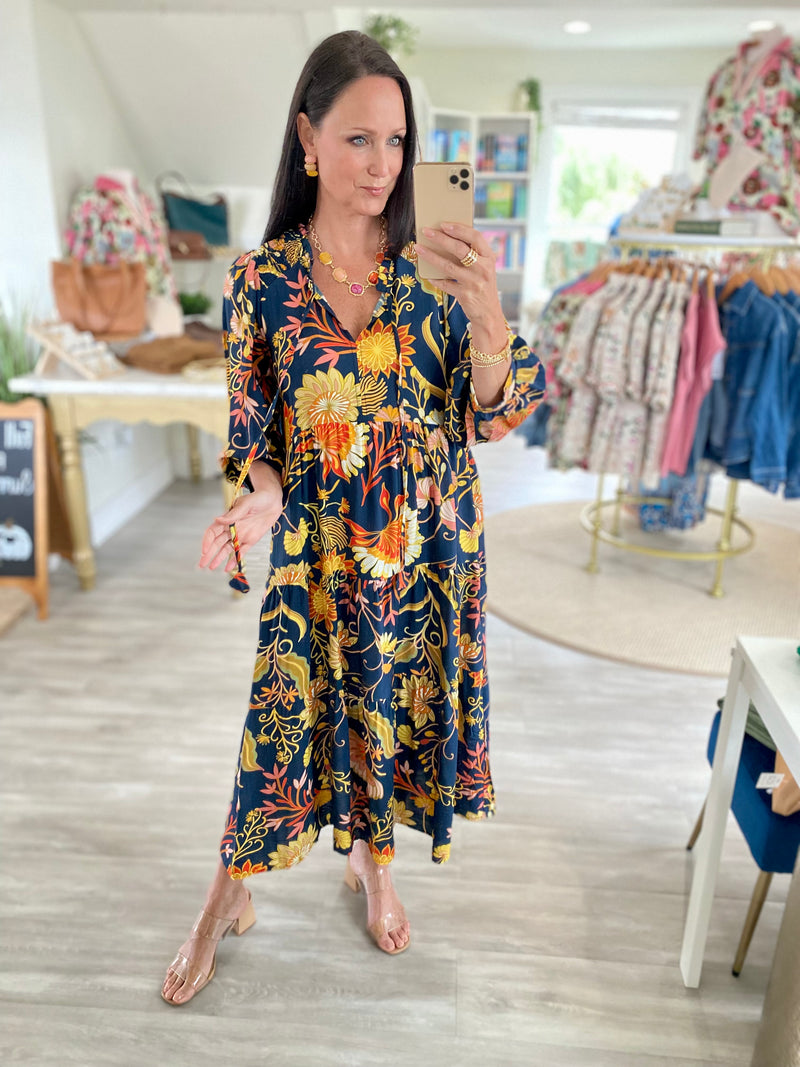 Floral Print Front Tie Long Sleeve Midi Dress