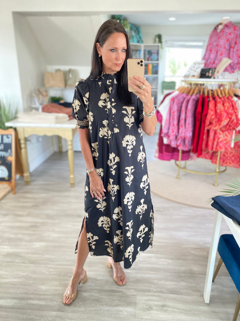 Botanical Print Puff Sleeve Midi Dress