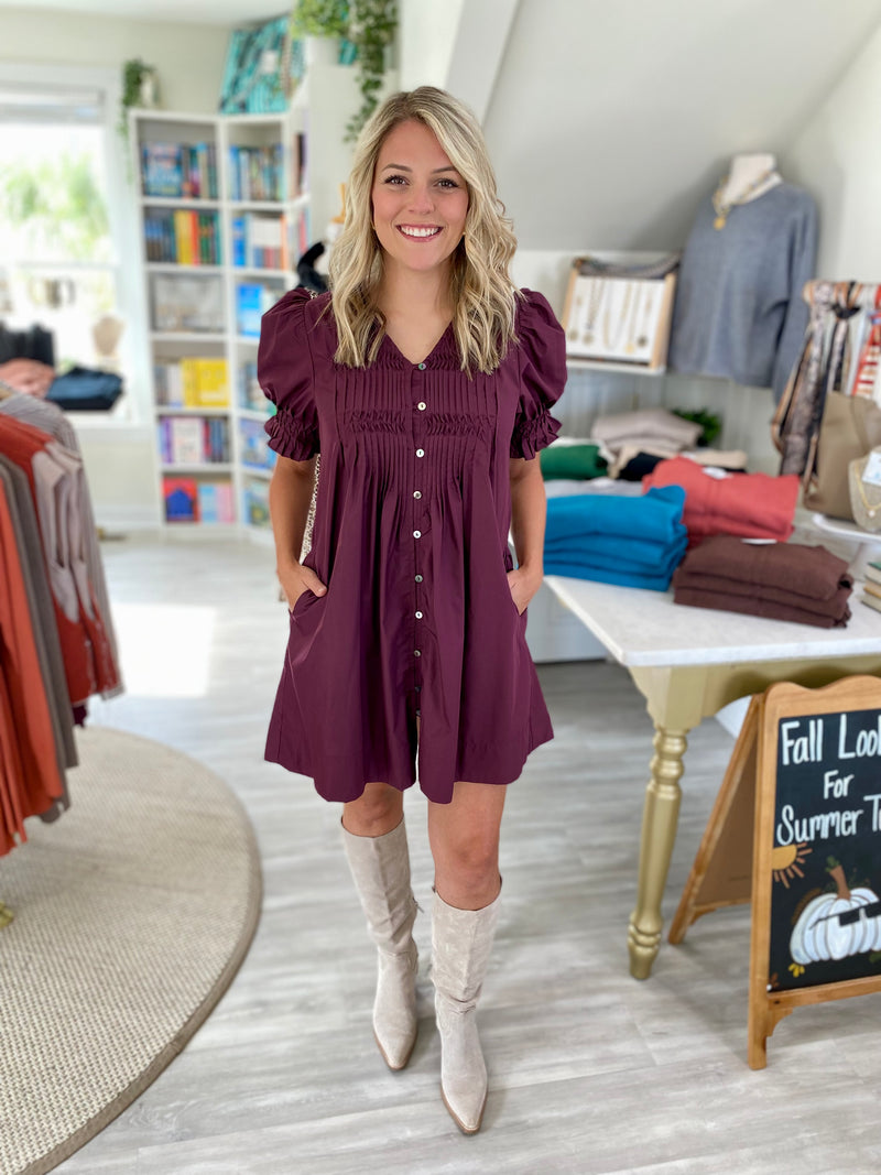 Short Smocked Sleeve Pintuck Mini Dress