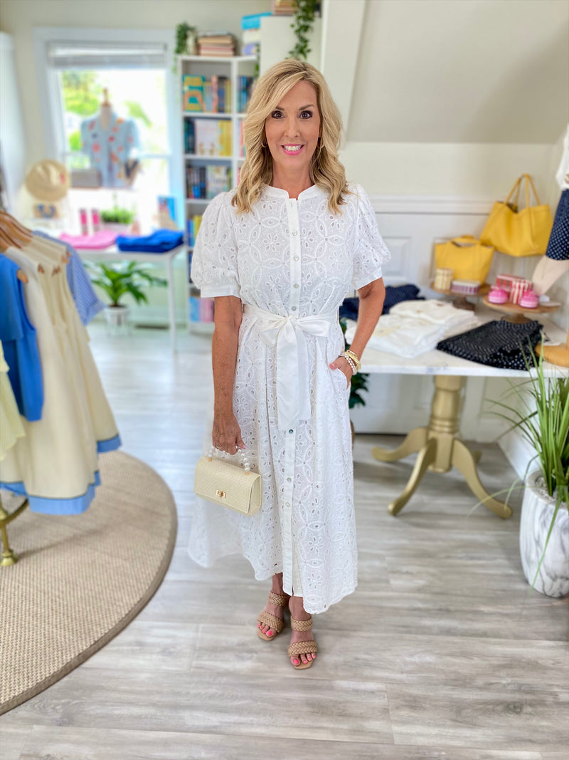 Classic Eyelet Button-Front Midi Dress – Cameo Boutique