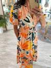 Orange Blossom Hacienda Puff Sleeve MIdi Dress