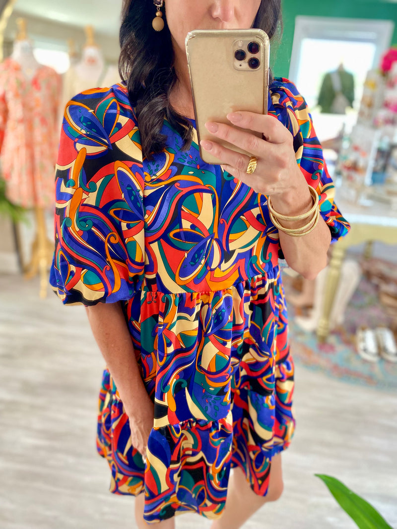 Printed Bubble Sleeve Dress