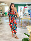 Satin Floral Print Button Down Midi Dress