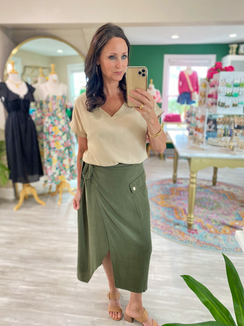Linen Blend Cargo Wrap Skirt