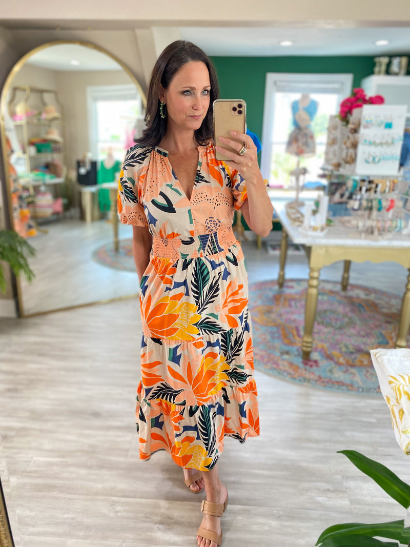 Orange Blossom Hacienda Puff Sleeve MIdi Dress