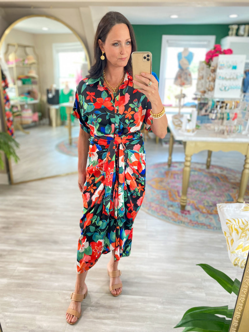 Satin Floral Print Button Down Midi Dress