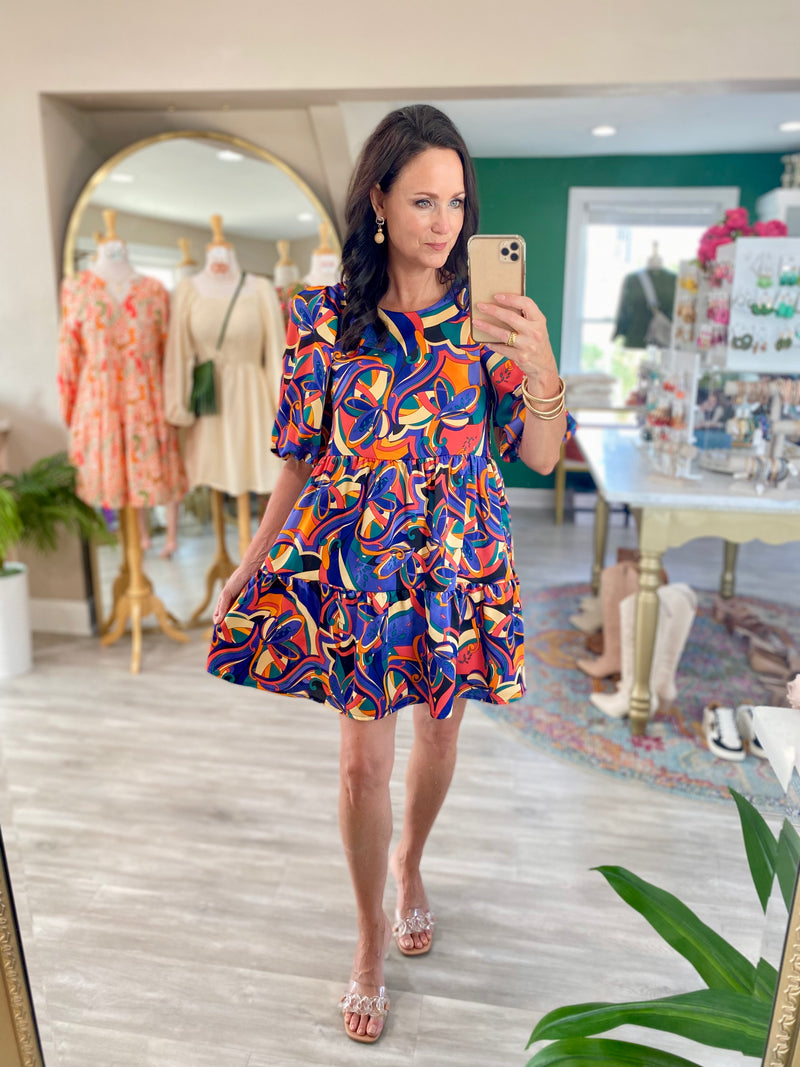 Printed Bubble Sleeve Dress