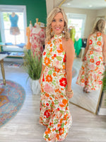 Satin Floral Print Halter Maxi Dress
