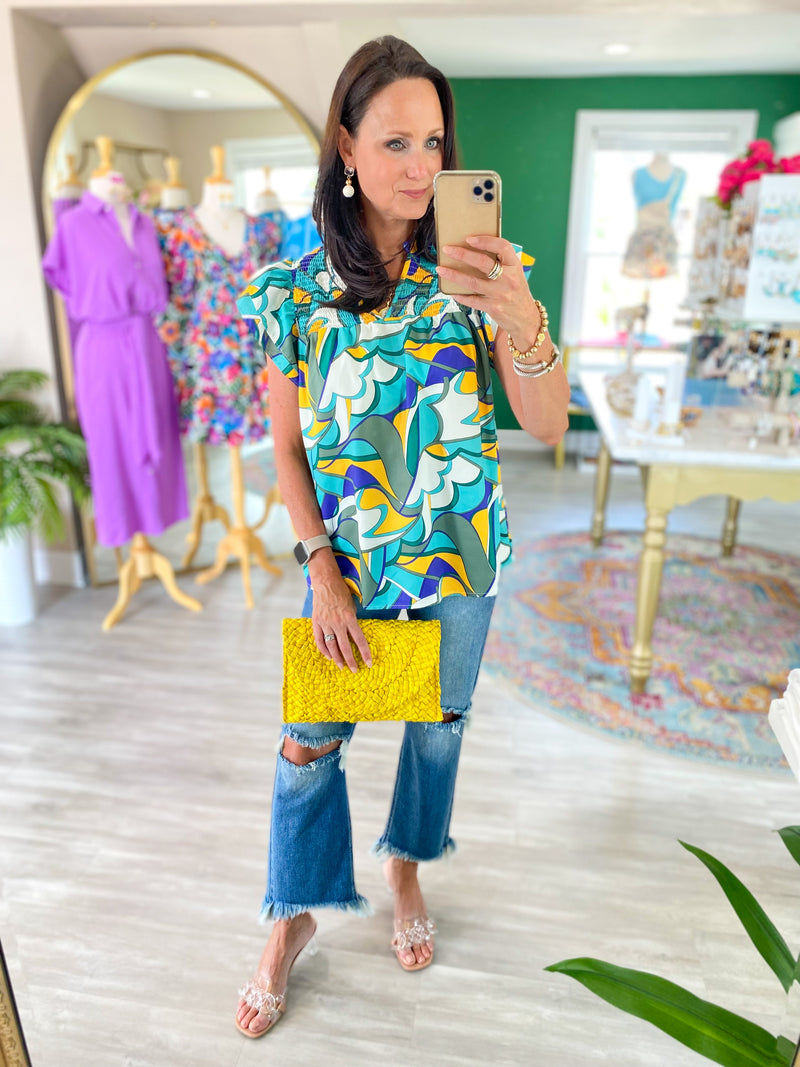 Squiggly Print V Neck Top